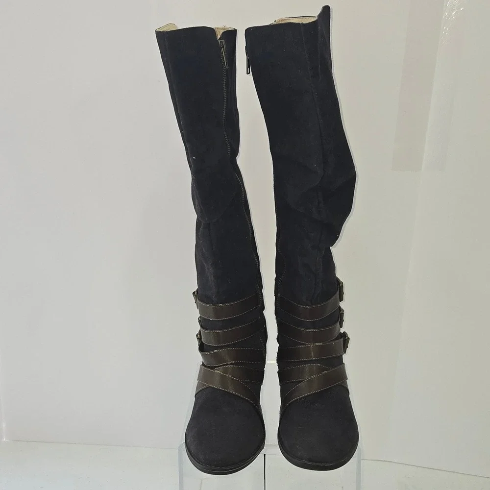 Cato Womens Size 9 Black Faux Suede Knee High Boots Brown Buckle Straps 37830346